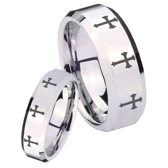 His Hers Multiple Christian Cross Beveled Edges Silver Tungsten Mens Ring Set