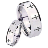 His Hers Multiple Christian Cross Beveled Edges Silver Tungsten Mens Ring Set