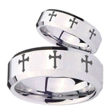 His Hers Multiple Christian Cross Beveled Edges Silver Tungsten Mens Ring Set