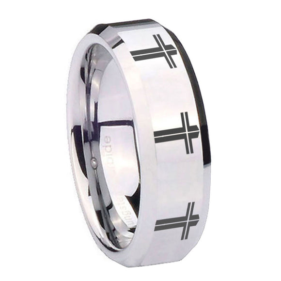 10mm Multiple Christian Cross Beveled Edges Silver Tungsten Engagement Ring
