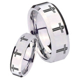 His Hers Multiple Christian Cross Beveled Silver Tungsten Wedding Ring Set