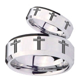 His Hers Multiple Christian Cross Beveled Silver Tungsten Wedding Ring Set