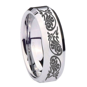 10mm Etched Tribal Pattern Beveled Edges Silver Tungsten Men's Band Ring