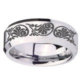 10mm Etched Tribal Pattern Beveled Edges Silver Tungsten Men's Band Ring