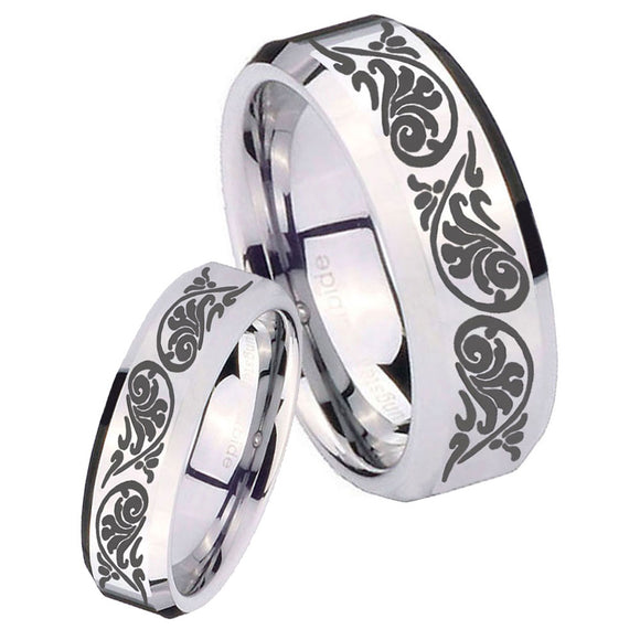 His Hers Etched Tribal Pattern Beveled Edges Silver Tungsten Bands Ring Set