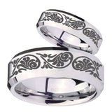 His Hers Etched Tribal Pattern Beveled Edges Silver Tungsten Bands Ring Set