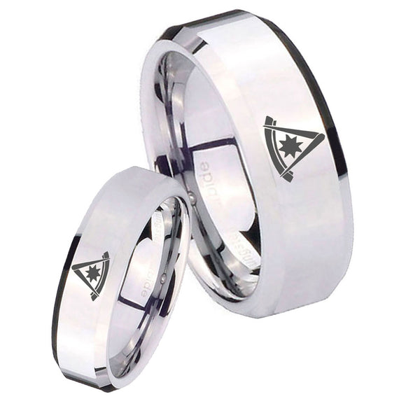 His Hers Pester Master Masonic Beveled Edges Silver Tungsten Custom Mens Ring Set
