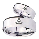 His Hers Pester Master Masonic Beveled Edges Silver Tungsten Custom Mens Ring Set