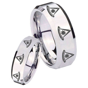 His Hers Multiple Pester Master Masonic Beveled Silver Tungsten Mens Bands Ring Set