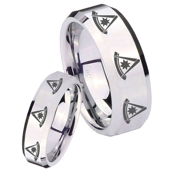 His Hers Multiple Pester Master Masonic Beveled Silver Tungsten Mens Bands Ring Set