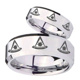 His Hers Multiple Pester Master Masonic Beveled Silver Tungsten Mens Bands Ring Set