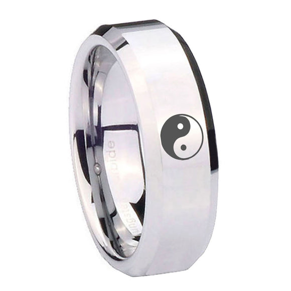 10mm Yin Yang Beveled Edges Silver Tungsten Carbide Anniversary Ring