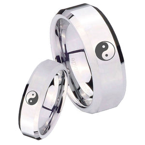 His and Hers Yin Yang Beveled Edges Silver Tungsten Wedding Band Mens Set