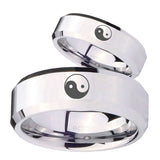 His and Hers Yin Yang Beveled Edges Silver Tungsten Wedding Band Mens Set