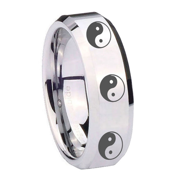 10mm Multiple Yin Yang Beveled Edges Silver Tungsten Carbide Custom Mens Ring