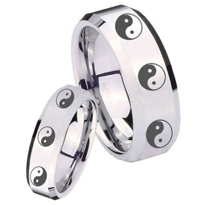 His Hers Multiple Yin Yang Beveled Edges Silver Tungsten Mens Ring Set