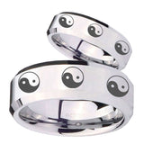 His Hers Multiple Yin Yang Beveled Edges Silver Tungsten Mens Ring Set