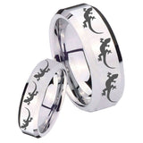 His Hers Multiple Lizard Beveled Edges Silver Tungsten Wedding Bands Ring Set