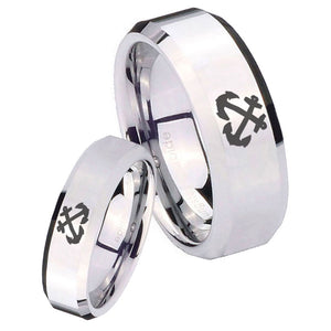 His Hers Anchor Beveled Edges Silver Tungsten Mens Ring Personalized Set