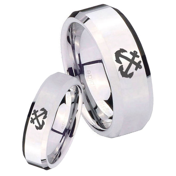 His Hers Anchor Beveled Edges Silver Tungsten Mens Ring Personalized Set