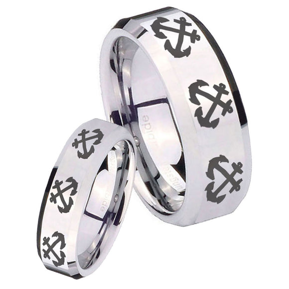 His Hers Multiple Anchor Beveled Edges Silver Tungsten Men's Bands Ring Set