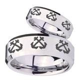 His Hers Multiple Anchor Beveled Edges Silver Tungsten Men's Bands Ring Set