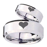 His and Hers Heart Beveled Edges Silver Tungsten Men's Engagement Ring Set