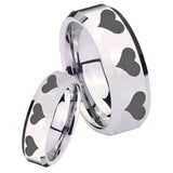 His Hers Multiple Heart Beveled Edges Silver Tungsten Men's Promise Rings Set