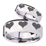 His Hers Multiple Heart Beveled Edges Silver Tungsten Men's Promise Rings Set