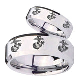 His Hers Multiple Marine Beveled Edges Silver Tungsten Wedding Ring Set