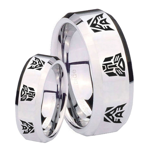 His Hers Transformers Autobot Decepticon Beveled Silver Tungsten Mens Ring Set