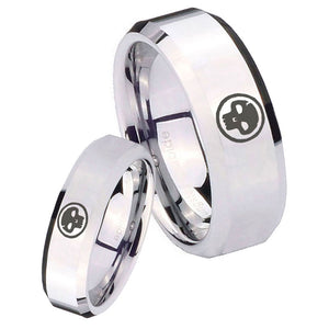 His and Hers Skull Beveled Edges Silver Tungsten Men's Bands Ring Set