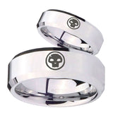 His and Hers Skull Beveled Edges Silver Tungsten Men's Bands Ring Set