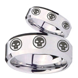 His Hers Multiple Skull Beveled Edges Silver Tungsten Mens Wedding Band Set