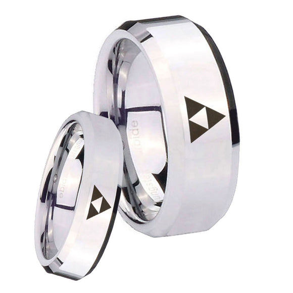 His Hers Zelda Triforce Beveled Edges Silver Tungsten Men's Engagement Band Set