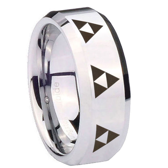 10mm Multiple Zelda Triforce Beveled Edges Silver Tungsten Engagement Ring