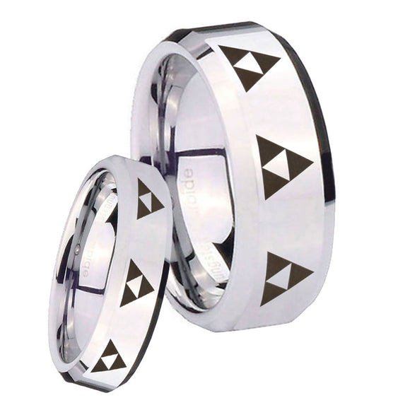 His Hers Multiple Zelda Triforce Beveled Silver Tungsten Wedding Band Mens Set