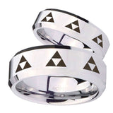 His Hers Multiple Zelda Triforce Beveled Silver Tungsten Wedding Band Mens Set