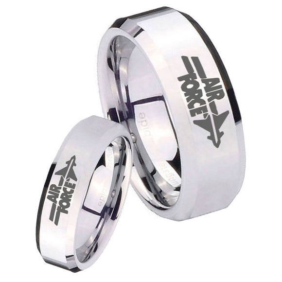 His Her Mirror Beveled Air Force Silver Tungsten Wedding Rings Set