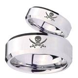 His Hers Skull Pirate Beveled Edges Silver Tungsten Men's Wedding Ring Set
