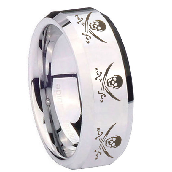 10mm Multiple Skull Pirate Beveled Edges Silver Tungsten Carbide Engraved Ring