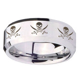 10mm Multiple Skull Pirate Beveled Edges Silver Tungsten Carbide Engraved Ring