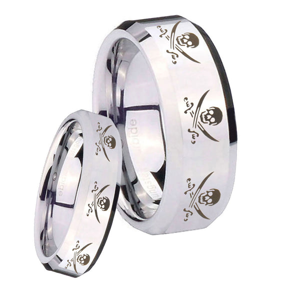 His Hers Multiple Skull Pirate Beveled Silver Tungsten Engraving Ring Set