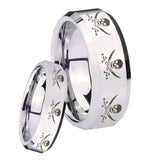 His Hers Multiple Skull Pirate Beveled Silver Tungsten Engraving Ring Set