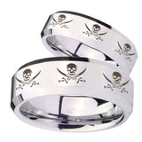 His Hers Multiple Skull Pirate Beveled Silver Tungsten Engraving Ring Set