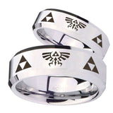 His Hers Legend of Zelda Beveled Edges Silver Tungsten Wedding Band Ring Set