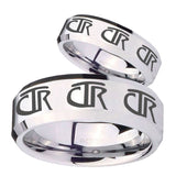 His Hers Multiple CTR Beveled Edges Silver Tungsten Mens Wedding Ring Set