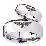 His Hers Aquila Beveled Edges Silver Tungsten Mens Ring Personalized Set