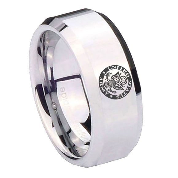 10mm U.S. Army Beveled Edges Silver Tungsten Carbide Mens Ring Engraved