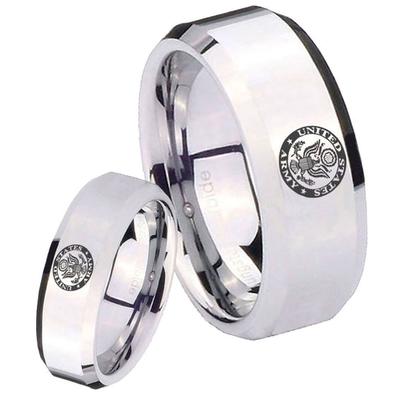 His Hers U.S. Army Beveled Edges Silver Tungsten Men's Ring Set